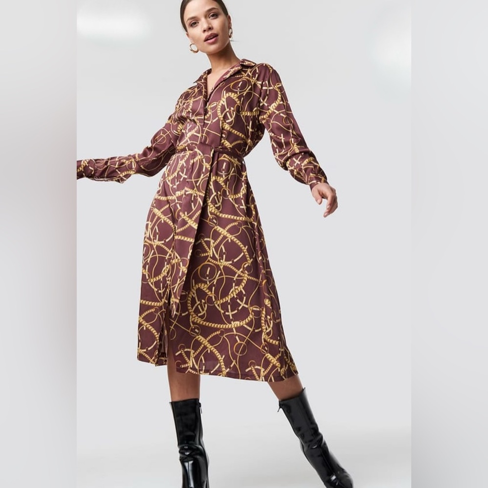 NA-KD Fashion ASOS Brown Chain Printed Satin MIDI Dress large 42